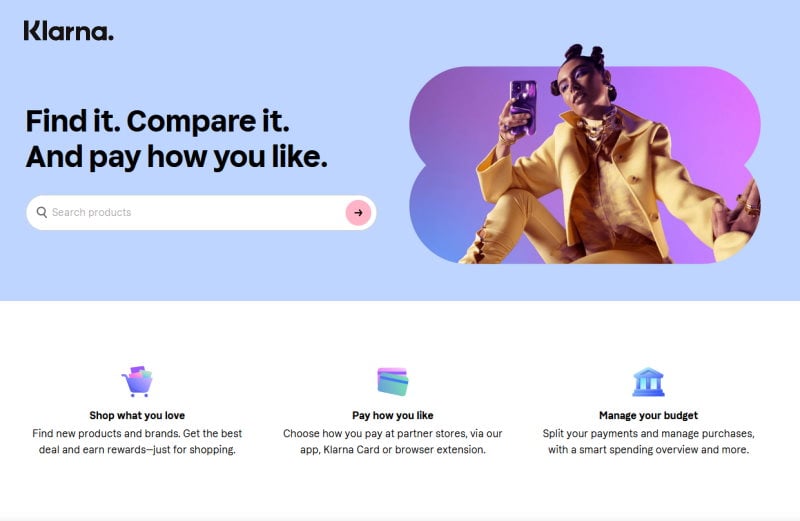 Image of the Klarna website.
