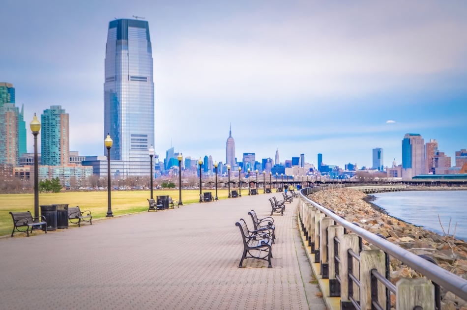 Liberty State Park with a beautiful view of the Jersey City and NYC skyline of buildings